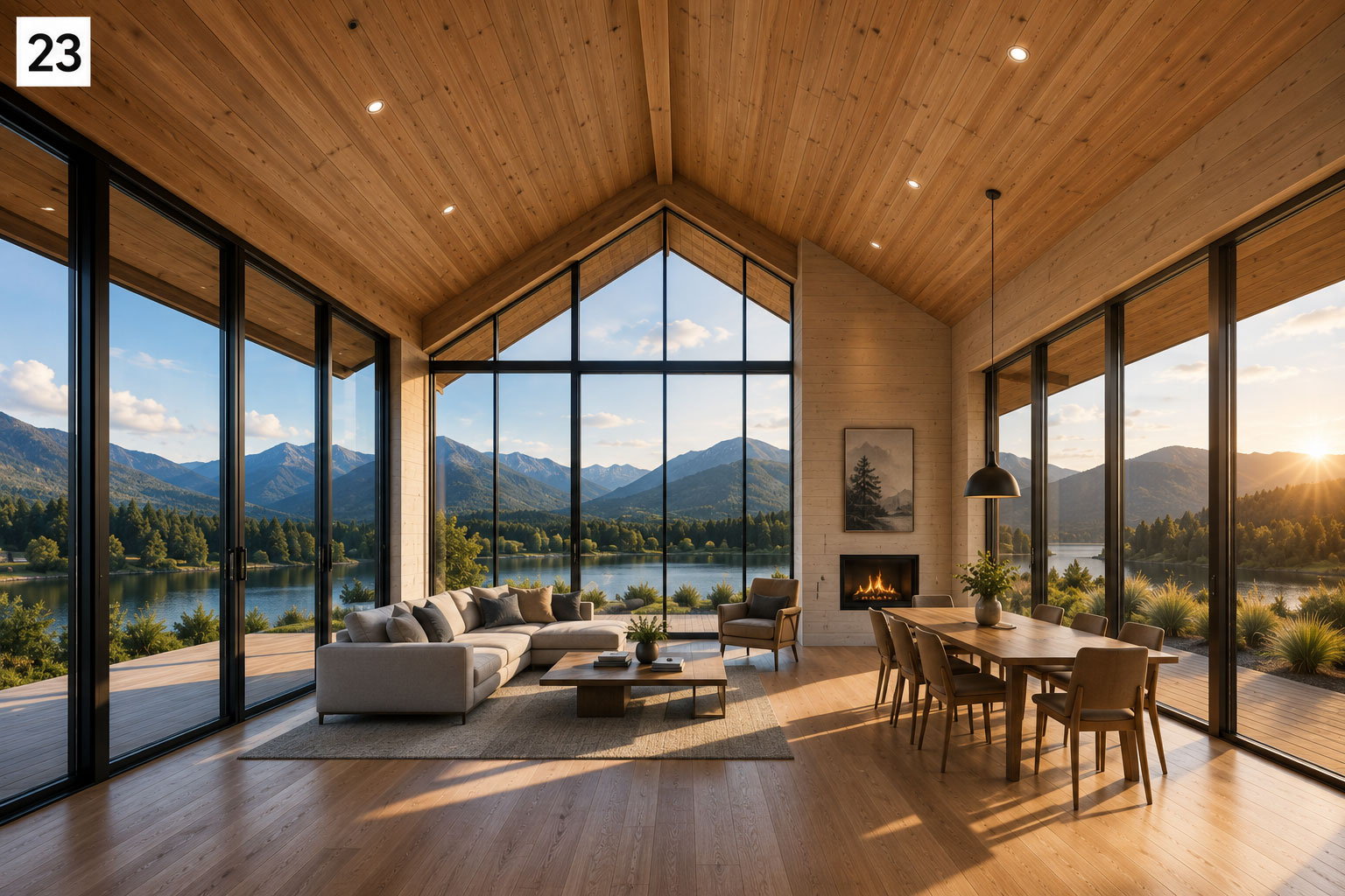 Architectural SIP home interior with large glazed openings and mountain views
